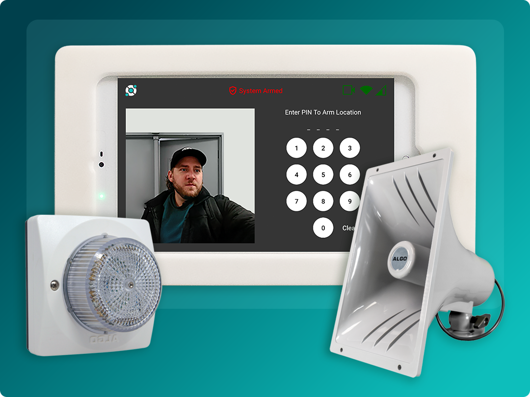 A security system interface shows a man at a door, a keypad for PIN entry, a strobe light, and a loudspeaker against a teal background.