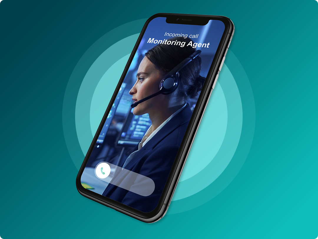 A smartphone displays an incoming call screen with a photo of a woman wearing a headset labeled "Monitoring Agent" against a blue gradient background.