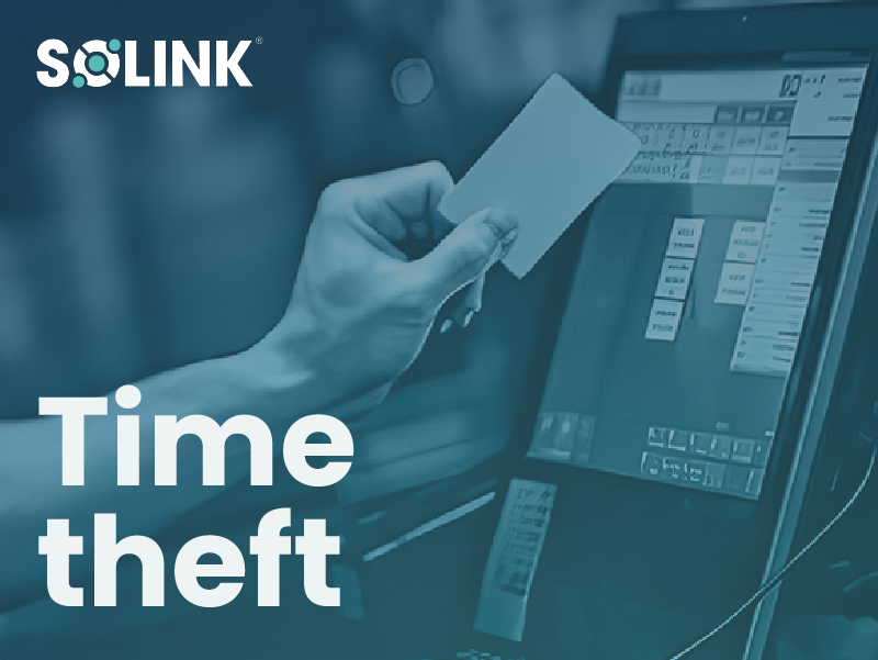 Person swiping a card at a digital terminal with the text "Solink" and "Time theft" displayed.