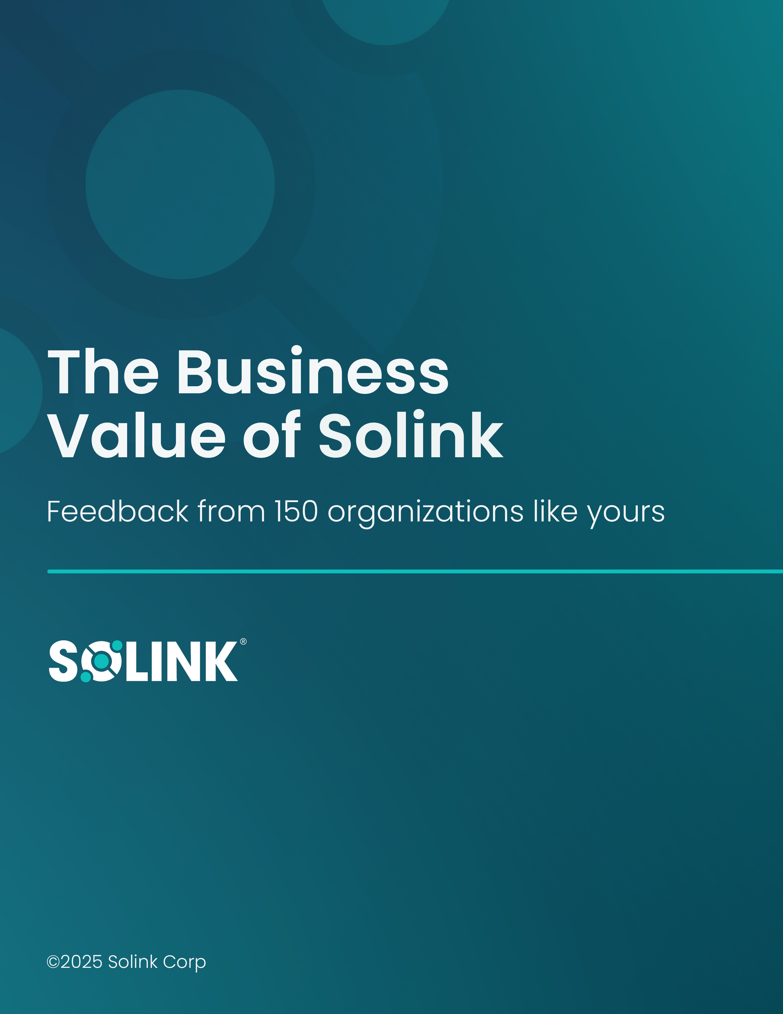 Cover page titled "The Business Value of Solink" with subtitle "Feedback from 150 organizations like yours" and Solink logo on a blue gradient background.