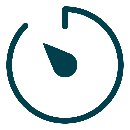 Simple dark blue timer icon with a circular outline and a triangular hand pointing to the upper left.