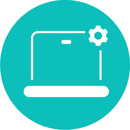 Icon of a laptop with a gear symbol on a turquoise circle background, indicating settings or configurations.