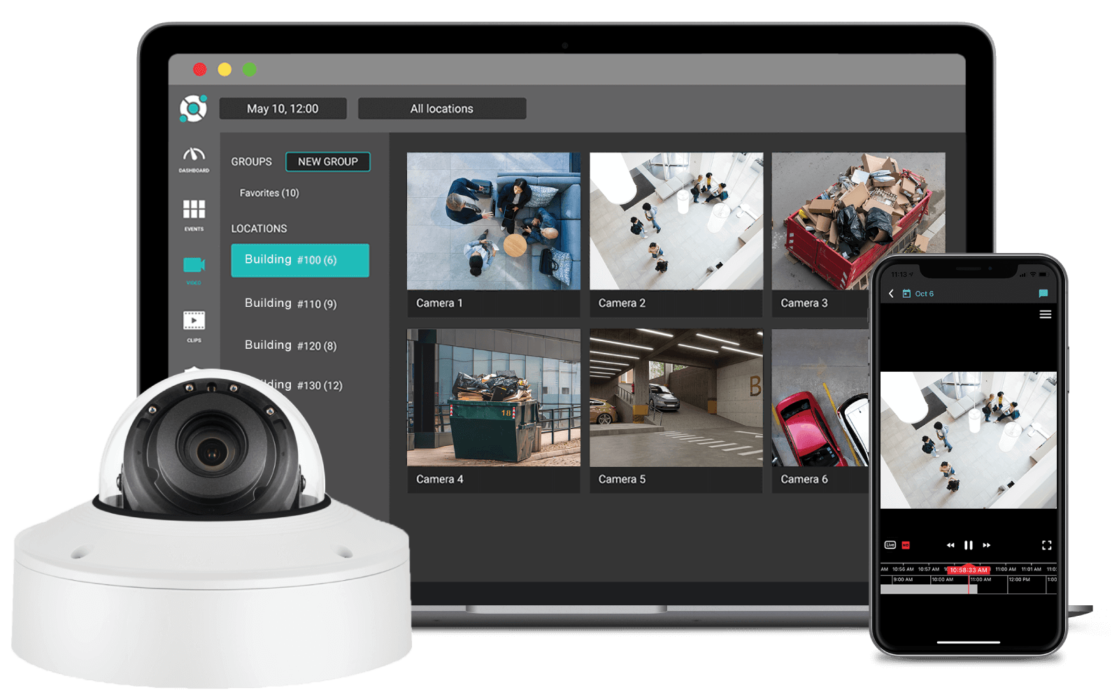 Laptop and smartphone display surveillance camera feeds. A dome security camera is placed in front of the devices.