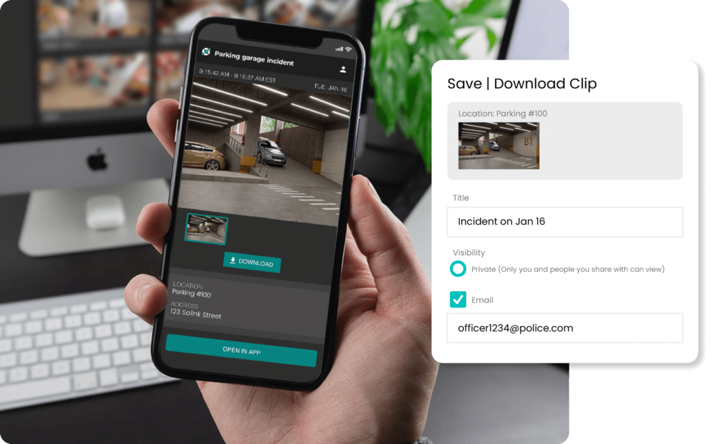 A person holds a smartphone showing a parking garage incident video. Nearby, a screen displays a form to save and download the clip with fields for location, title, visibility, and email.