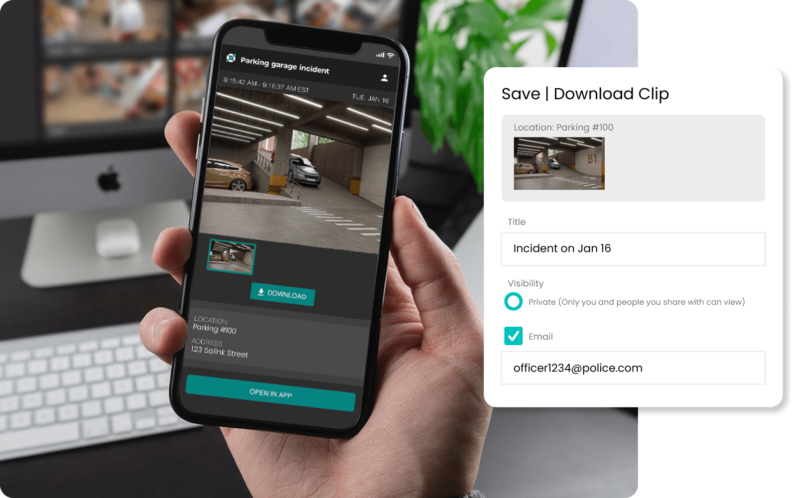 A person holds a smartphone showing a parking garage incident video. Nearby, a screen displays a form to save and download the clip with fields for location, title, visibility, and email.