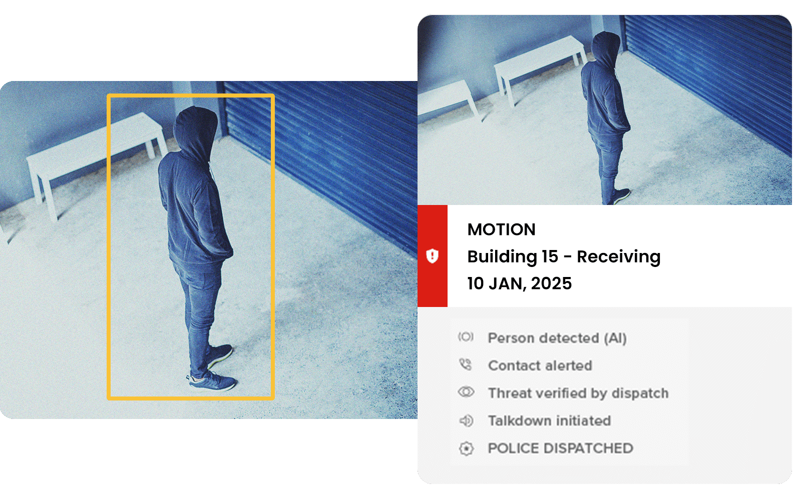 A person in a hooded jacket is walking in a corridor. An overlay displays details about motion detection, specifying the date January 10, 2025, and a box highlights the person.