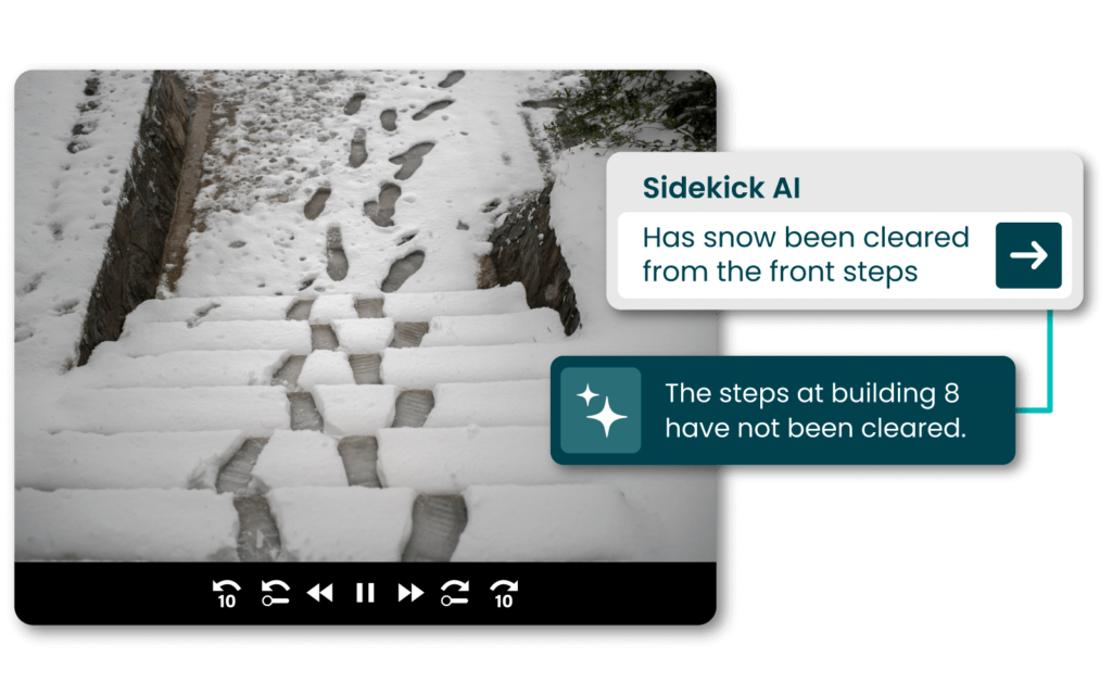 Snow-covered steps with visible footprints. Overlay text indicates the stairs at building 8 have not been cleared, while an AI suggests snow removal from the front steps.
