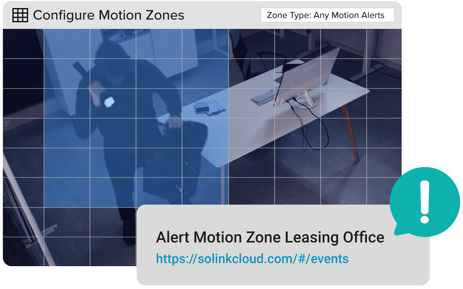 Security camera footage showing a person with a flashlight inside an office. Alert notification on screen with a web link.