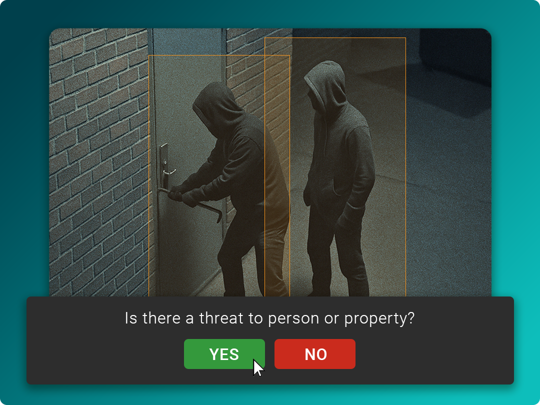 Two people in hoodies appear to be attempting to open a locked door at night; a prompt below asks if there is a threat to person or property with "YES" and "NO" options.
