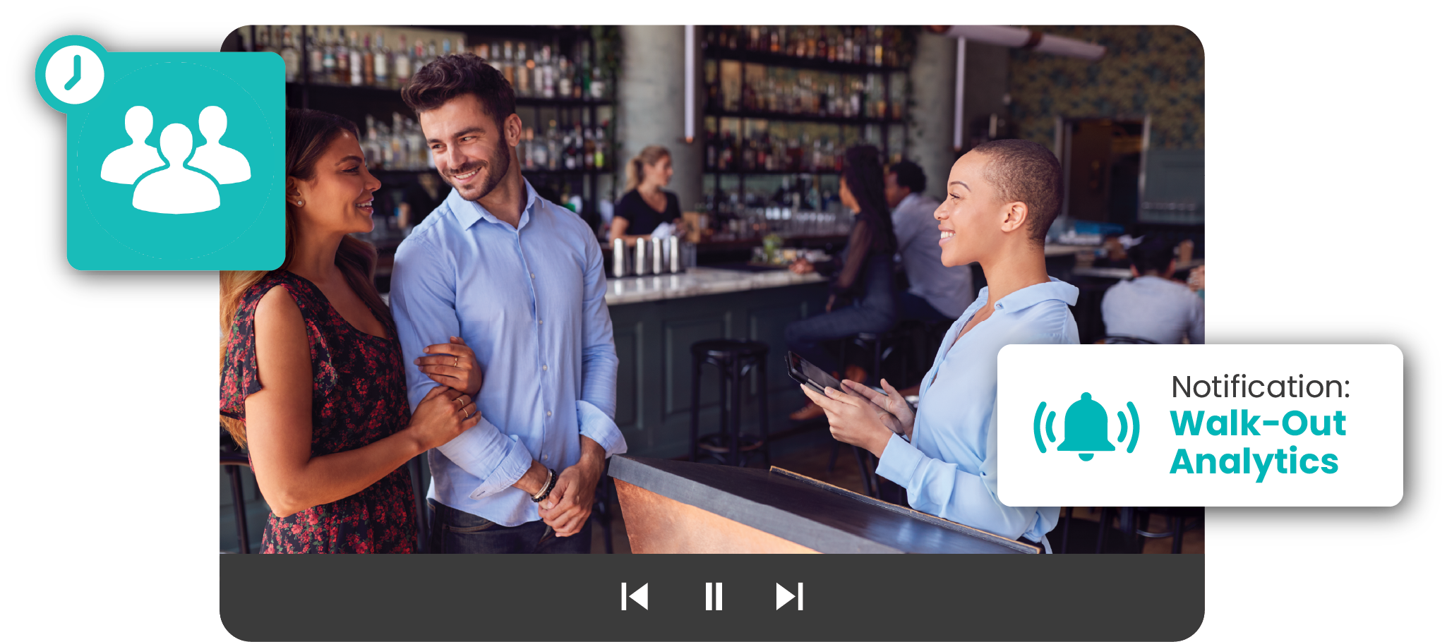 A couple stands at a bar counter, smiling at a person taking their order. Icons overlay the image, indicating user profiles and a notification for walk-out analytics.