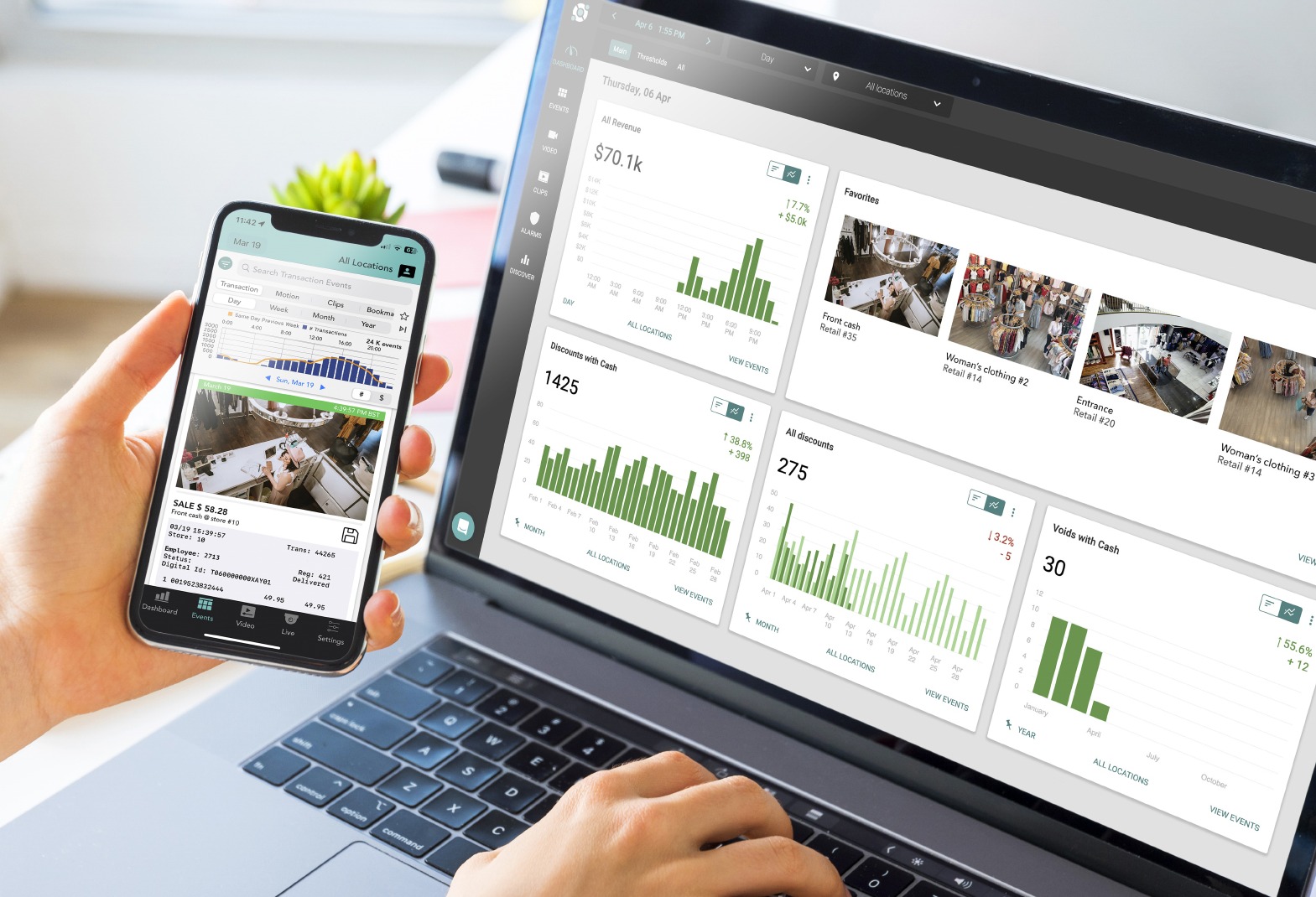 Person viewing and comparing data analytics dashboards on a smartphone and laptop screen at a desk.