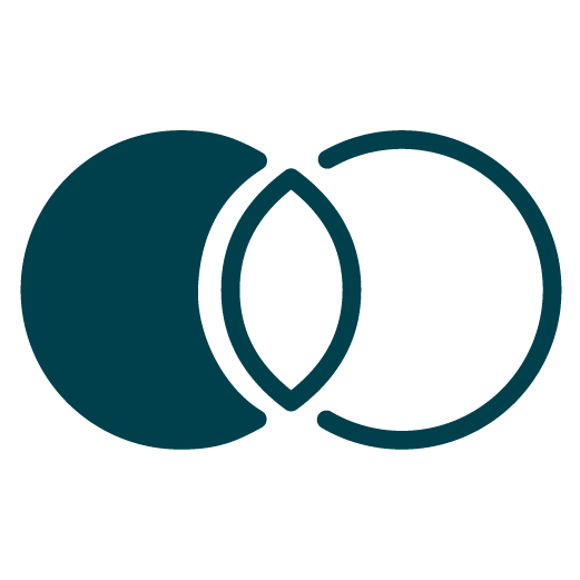A minimalistic graphic of two overlapping circles, one solid and one outlined, creating an almond-shaped area in the center where they intersect.