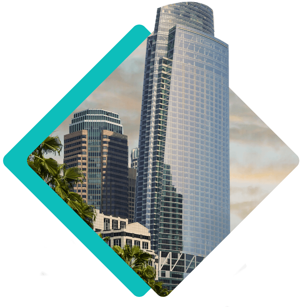 A group of modern high-rise buildings with glass facades, framed by geometric shapes and some green palm trees in the foreground.
