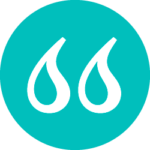 White quotation mark symbol on a teal circular background.