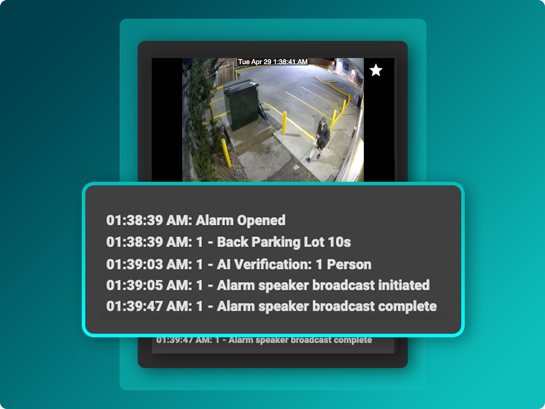A security camera feed shows a person in a parking lot at night, with an alert log listing alarm and speaker broadcast activities with timestamps.