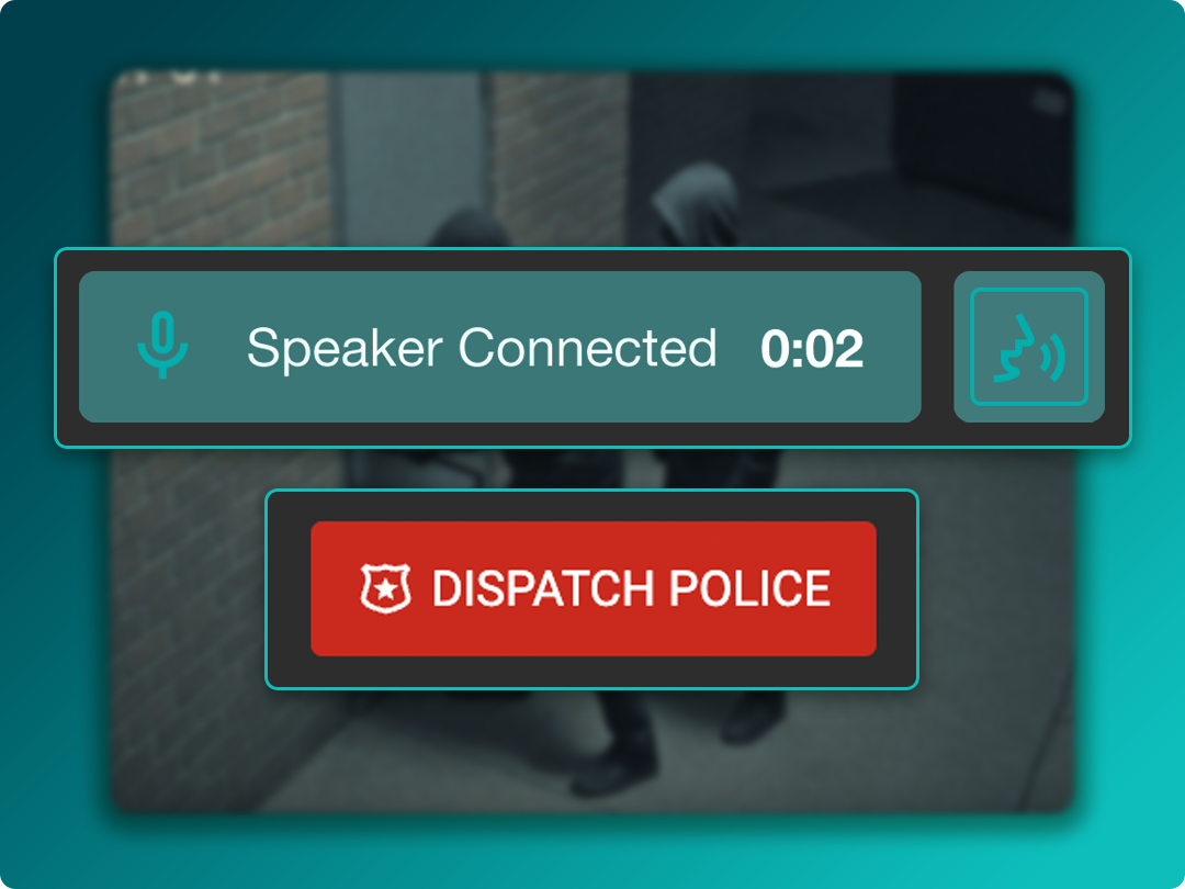Security system interface showing "Speaker Connected" timer and a red "Dispatch Police" button, over a blurred image of two hooded figures near a brick wall.