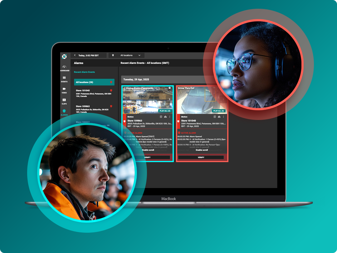 A laptop displays a monitoring dashboard with alerts; portraits of a man and a woman, both focused, are overlaid on the screen.