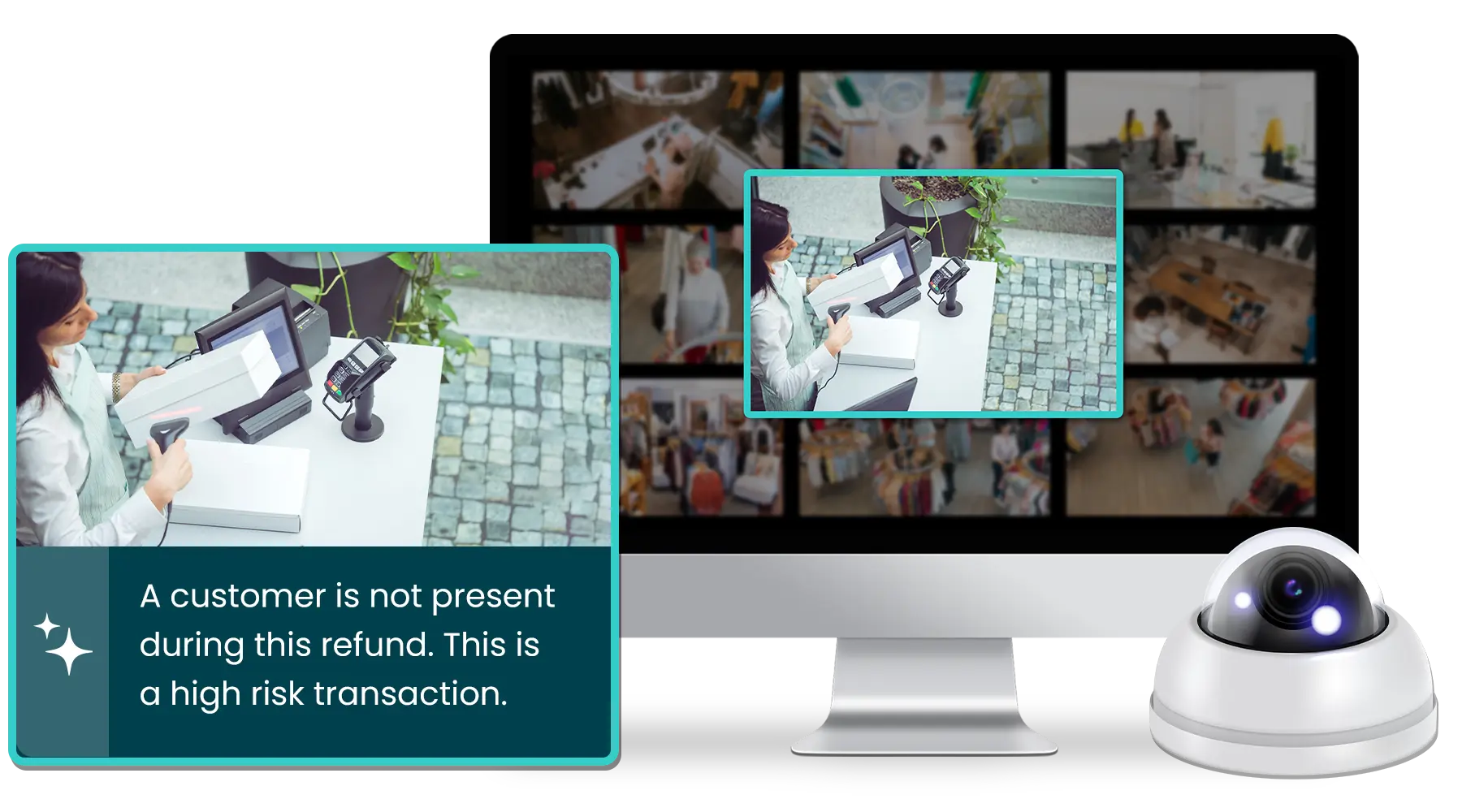 Solink's Sidekick - A computer monitor displays security camera footage with a highlighted image of a refund at a counter and a message flagging the transaction as high risk due to the customer's absence.
