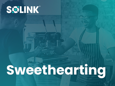 Two people interact at a coffee shop counter; one wears an apron and hands an item to the other. The word "Sweethearting" and the Solink logo appear on the image.