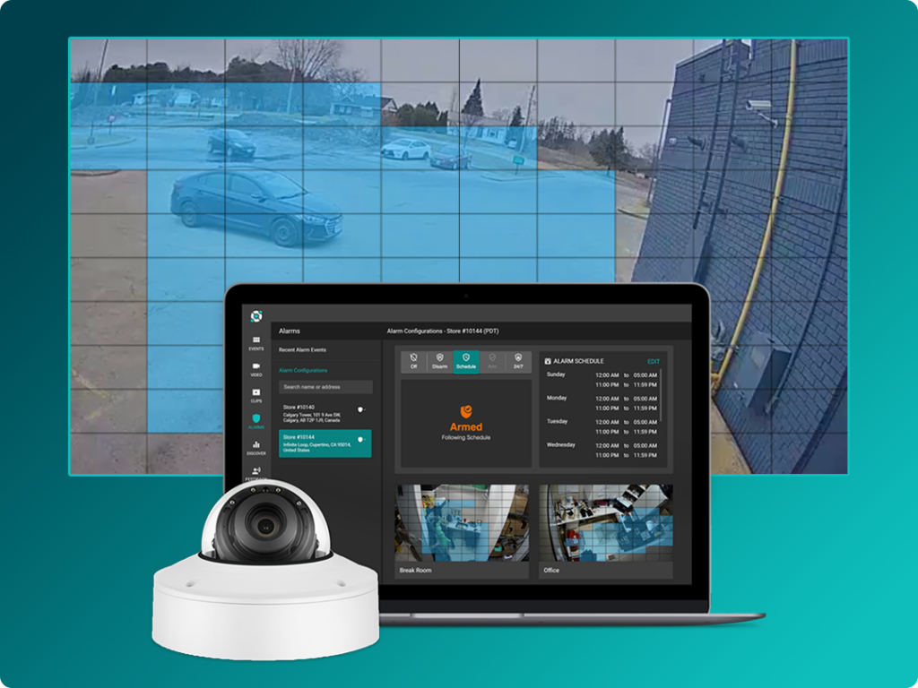 A security camera, a laptop displaying a surveillance alarm interface, and a parking lot video feed with marked detection zones are shown.