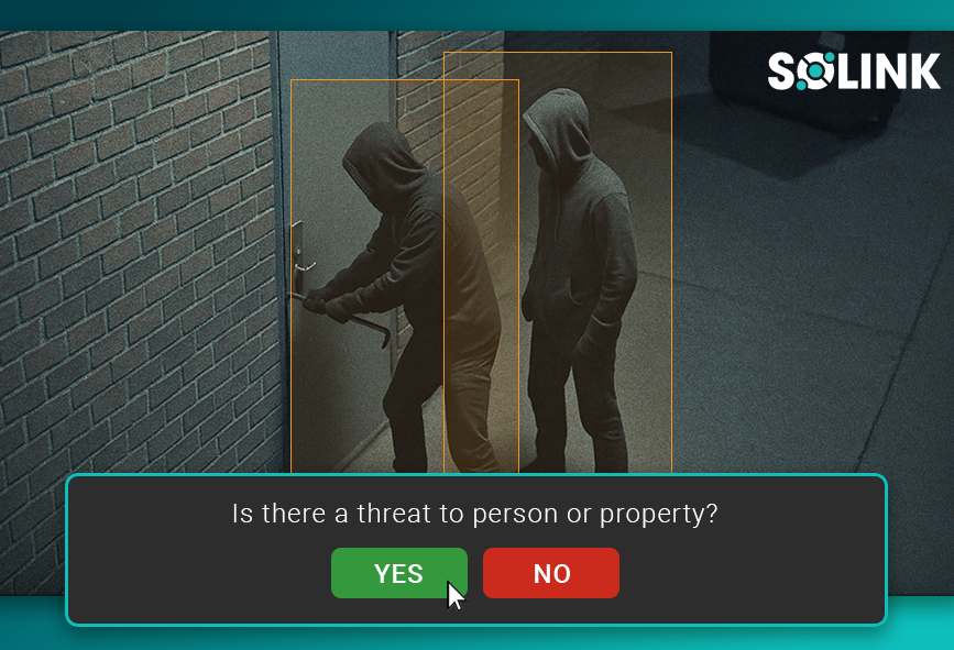 Two people in hooded clothing attempt to open a door at night; on-screen prompt asks if there is a threat to person or property, with Yes and No options.