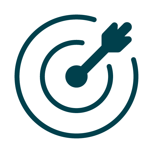 A dark teal target with concentric circles and a dart hitting the center.