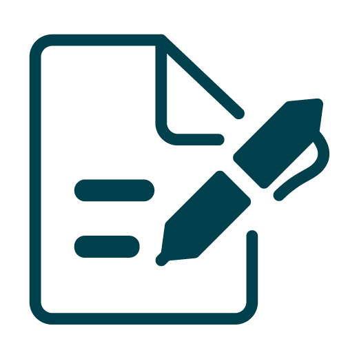 Icon of a document with two horizontal lines and a pen, suggesting writing or editing on a piece of paper.