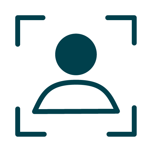 Icon of a person inside a frame made of four corner brackets, representing a user profile or account identification.