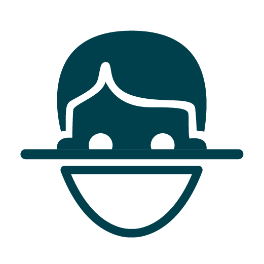 Simple icon of a smiling person wearing a wide-brimmed hat, with stylized facial features and hair.