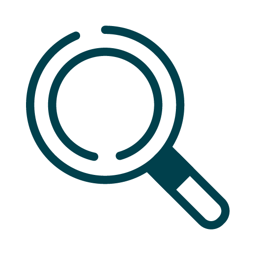 Simple illustration of a magnifying glass icon with a circular lens and a short handle, depicted in dark teal color.