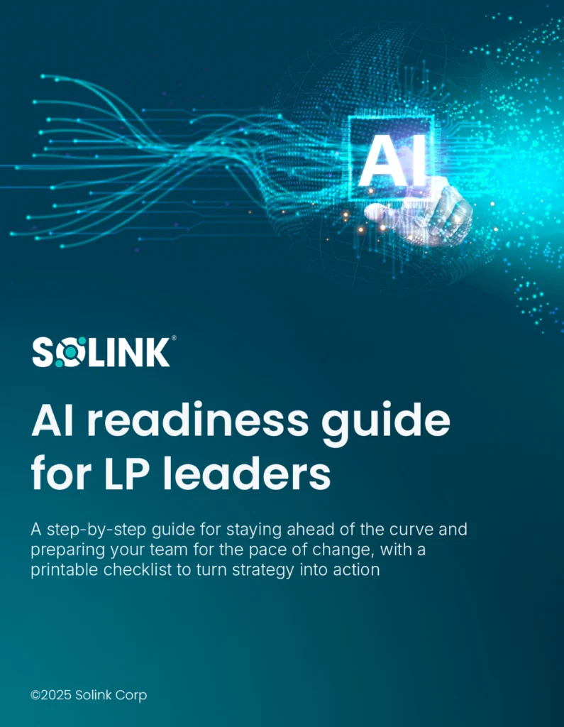 Cover of "AI readiness guide for LP leaders" by Solink, featuring a digital hand holding 'AI' text with abstract blue lines representing data or technology.