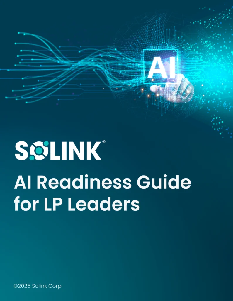 Cover of the "AI Readiness Guide for LP Leaders" by Solink, featuring a digital hand holding the letters "AI" with a data stream graphic in the background.