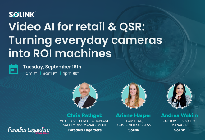 Promotional graphic for a Solink webinar on video AI for retail and QSR, featuring three speakers and event details for Tuesday, September 16th at 11am ET.