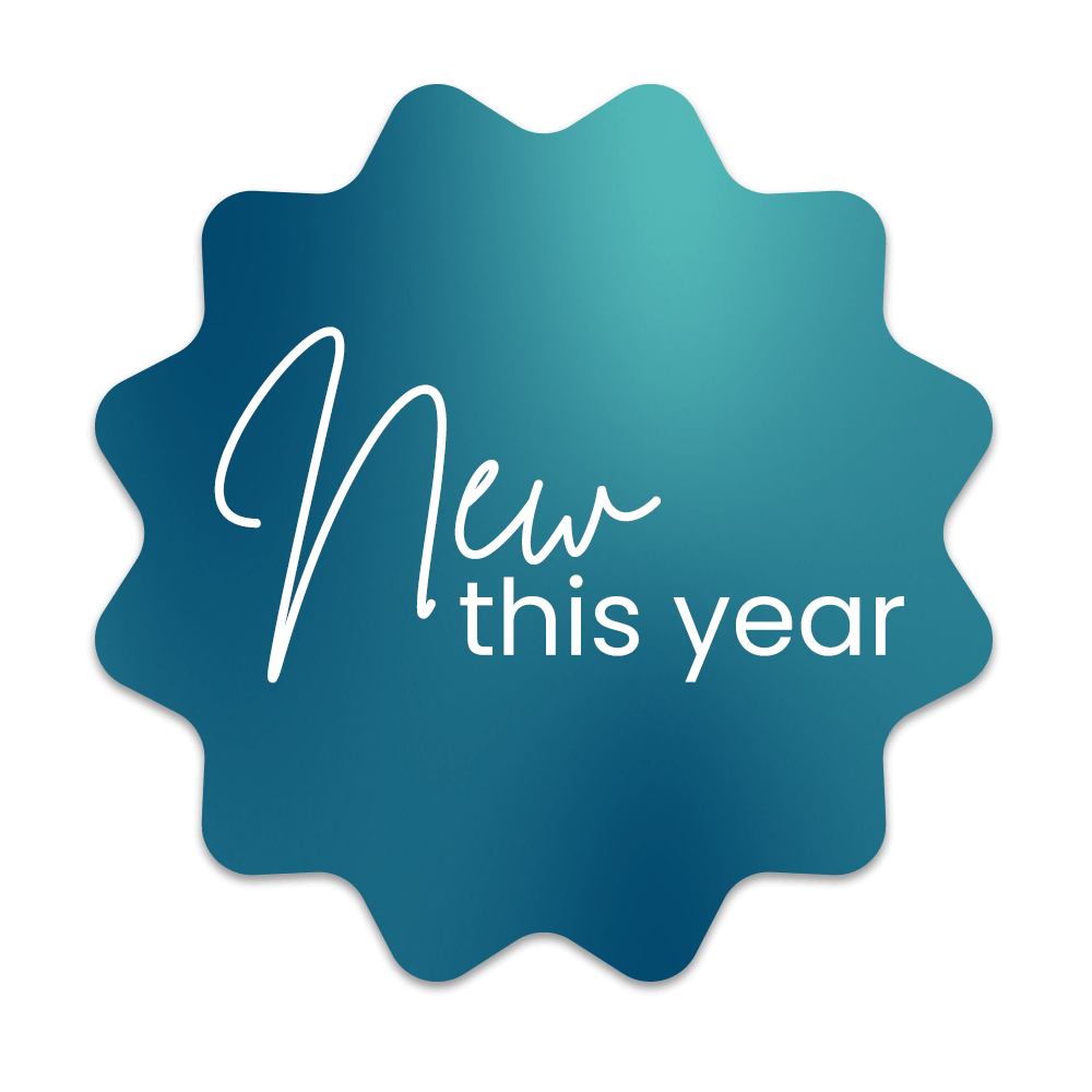 A blue, scalloped-edged badge with the text "New this year" in white script and sans-serif fonts.