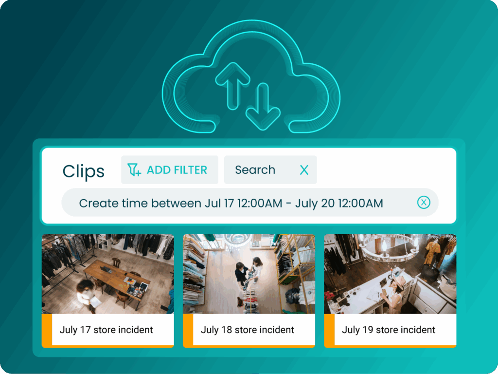 A digital interface shows filtered video clips of store incidents on July 17, 18, and 19, with a search bar and cloud upload/download icon above.