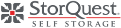 StorQuest Self Storage logo with a gray geometric emblem featuring arrows and a red center, accompanied by the company name in gray and red text.