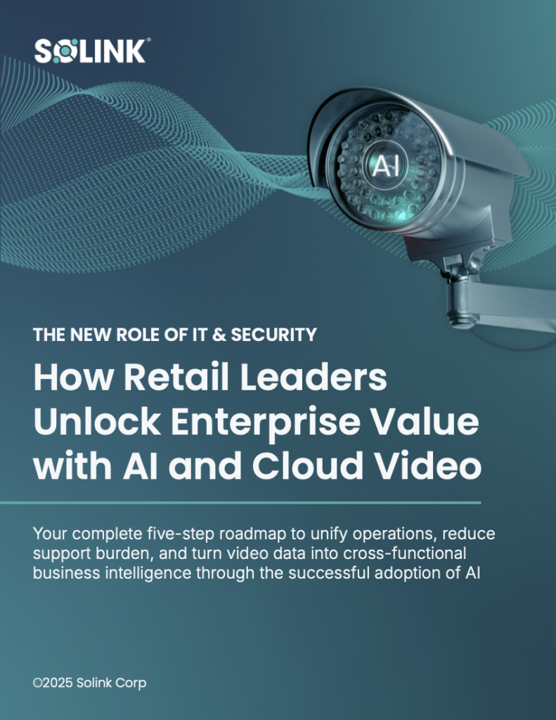 A security camera with an AI label is shown above text about AI, cloud video, and IT in retail, with the Solink logo and a copyright notice at the bottom.