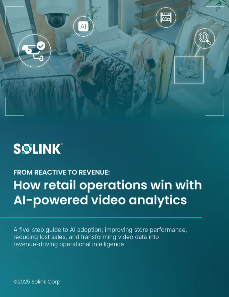 A retail store with clothing racks and a person browsing, overlaid with text about AI-powered video analytics for improving retail operations by Solink.