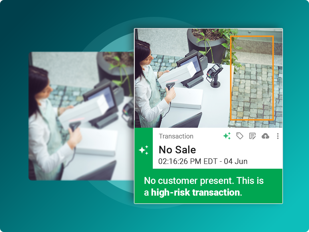 A top-down view of a person at a desk with a POS terminal. Onscreen text alerts to a "No Sale" high-risk transaction due to no customer being present.