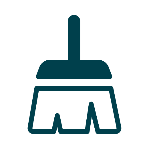 A simple, dark blue icon of a broom with a straight handle and bristles, representing cleaning or sweeping.