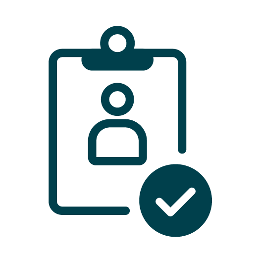 Icon of a clipboard with a user profile outline and a checkmark symbol in the foreground, representing approved or verified account.