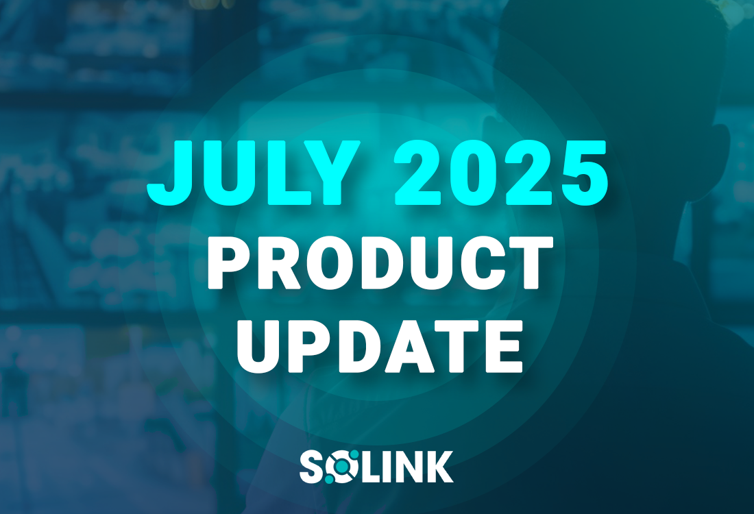 A graphic with the text "July 2025 Product Update" and the Solink logo at the bottom over a blue-green background.