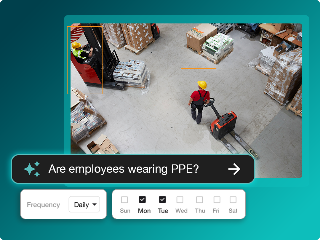 A worker in a warehouse operates a pallet jack while wearing a yellow hard hat; an overhead view highlights the use of personal protective equipment (PPE).