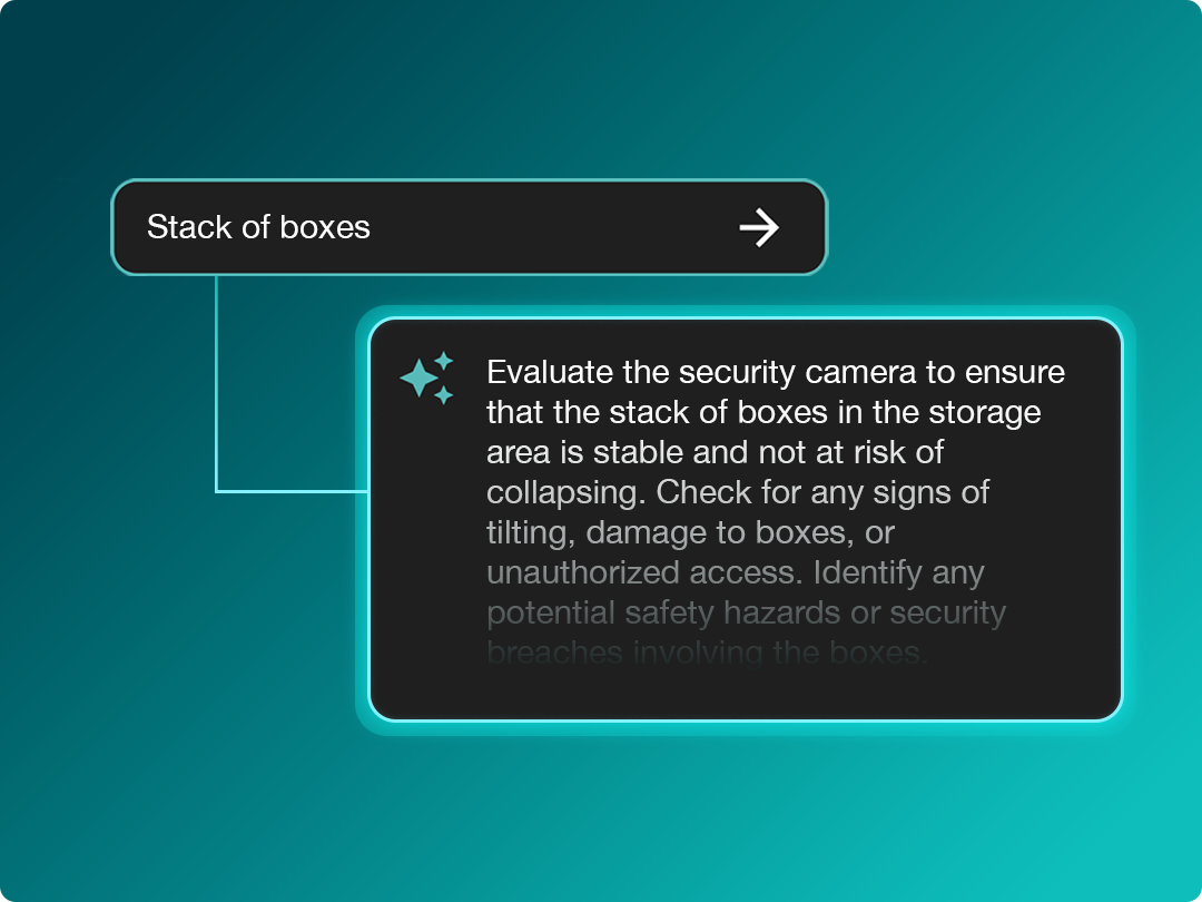 A text box labeled "Stack of boxes" points to a dark panel instructing to assess a storage area's stack of boxes for stability, damage, hazards, or unauthorized access using security cameras.