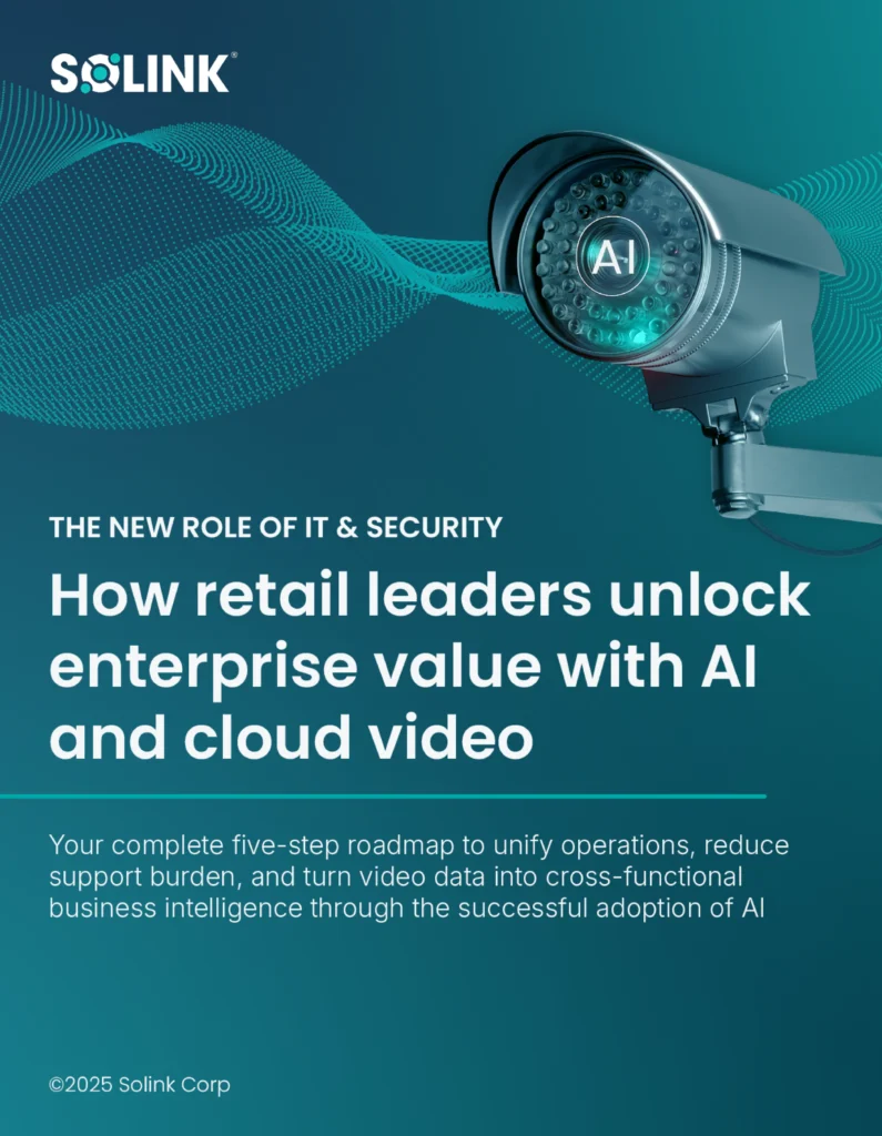 A security camera with an "AI" label is shown next to text about leveraging AI and cloud video for IT and security in retail.