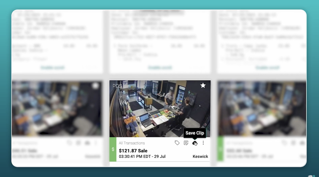 A security camera feed shows a retail checkout counter with a cashier and a customer. The screen displays a $121.87 sale at 3:34:11 PM EDT on July 29 in Keswick.