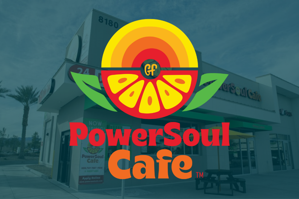 PowerSoul Cafe storefront exterior with large colorful logo and signage displaying "PowerSoul Cafe" and "GF" for gluten-free.