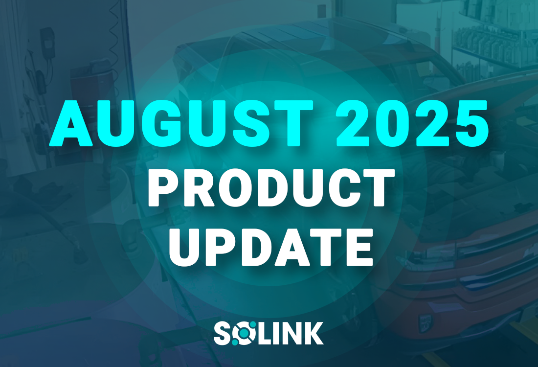 Text reads "AUGUST 2025 PRODUCT UPDATE SOLINK" over a background image of a vehicle and equipment inside a workshop or garage.