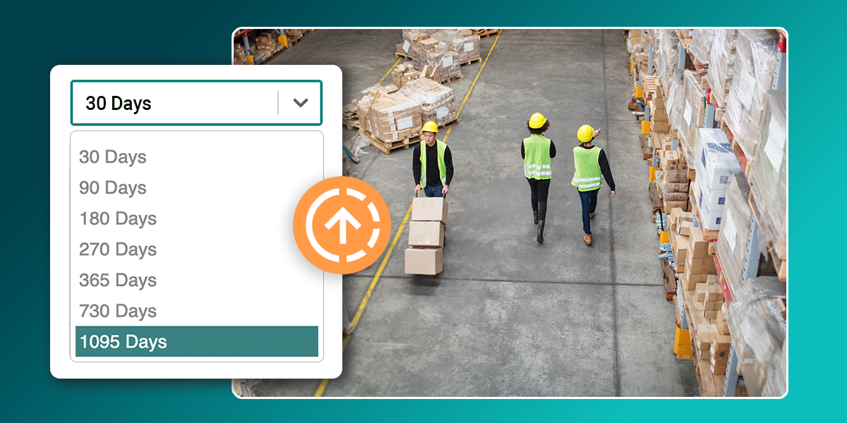 A dropdown menu selects 1,095 days, overlaid on an image of three warehouse workers moving boxes and walking through aisles of stored goods.