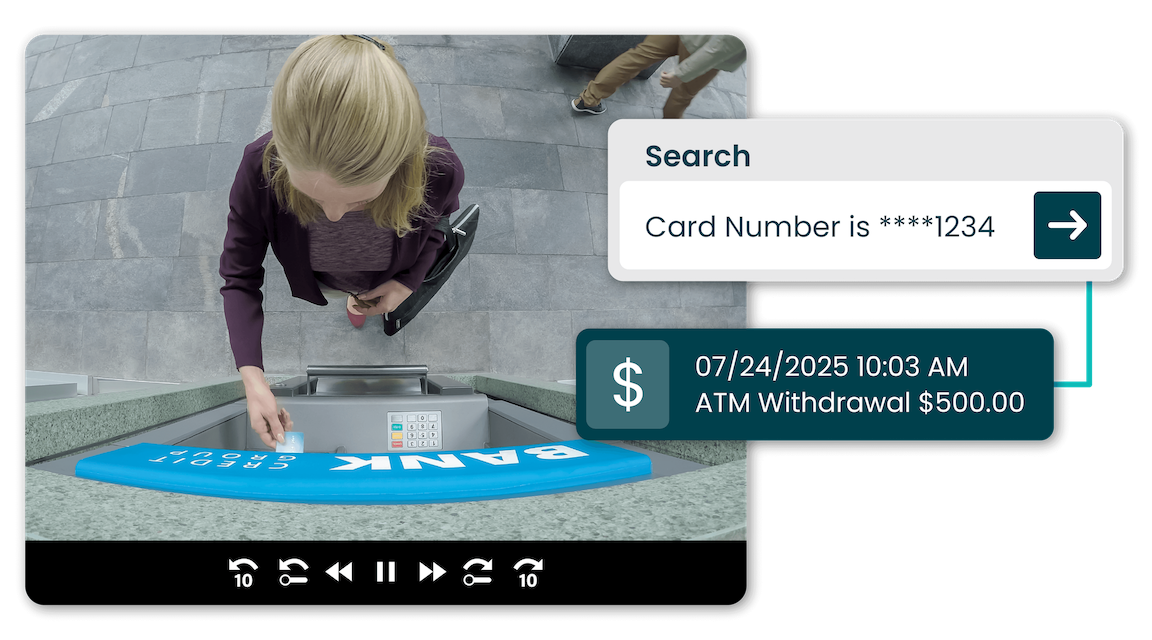 A person stands at an ATM labeled "BANK," with on-screen text showing a $500 withdrawal on 07/24/2025 and a partially hidden card number ending in 1234.